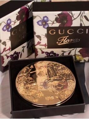 Gucci Gold Embossed Floral Compact Mirror NIB